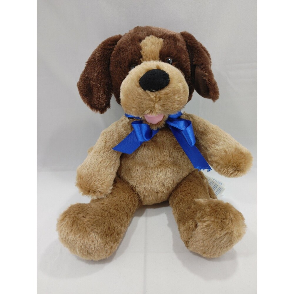 Build-A-Bear Brown Tan Puppy Dog Plush Carmel Pup Stuffed Animal Blue Bow 16"